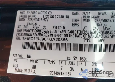 2015 Ford Escape Titanium z USA, uszkodzony, nr VIN 1FMCU0J90FUA20356